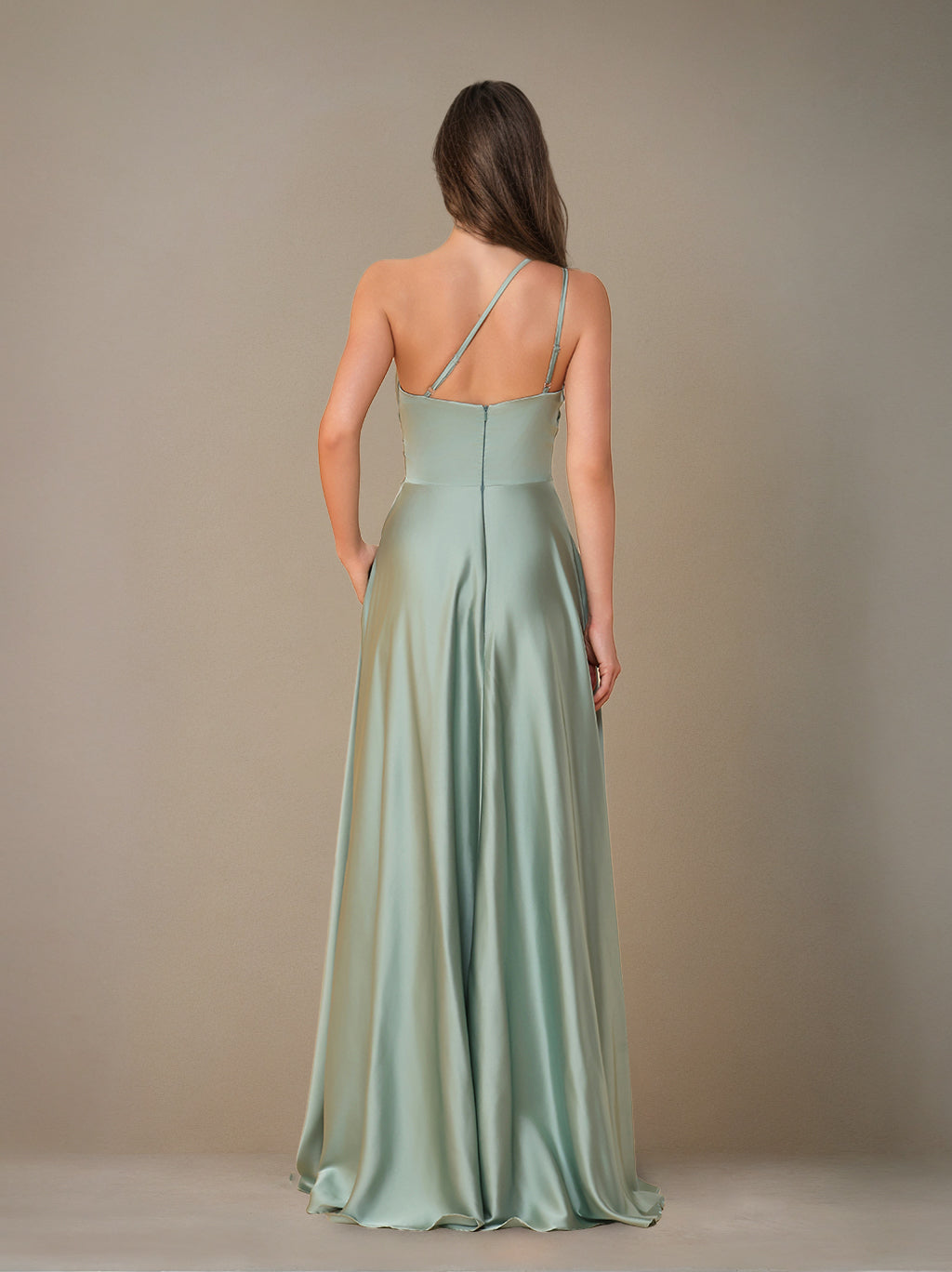 A-Line/Princess Spaghetti Straps Sleeveless Floor-Length Silk Satin Long Bridesmaid Dresses with Ruched & Split Side