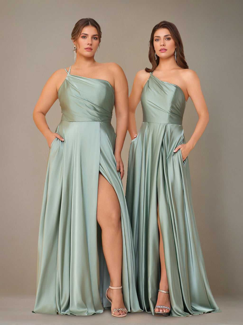 A-Line/Princess Spaghetti Straps Sleeveless Floor-Length Silk Satin Long Plus Size Bridesmaid Dresses with Ruched & Split Side
