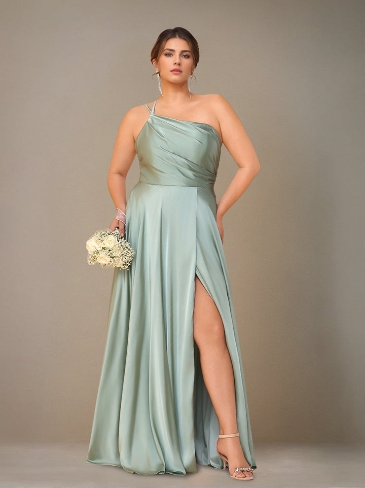 A-Line/Princess Spaghetti Straps Sleeveless Floor-Length Silk Satin Long Plus Size Bridesmaid Dresses with Ruched & Split Side