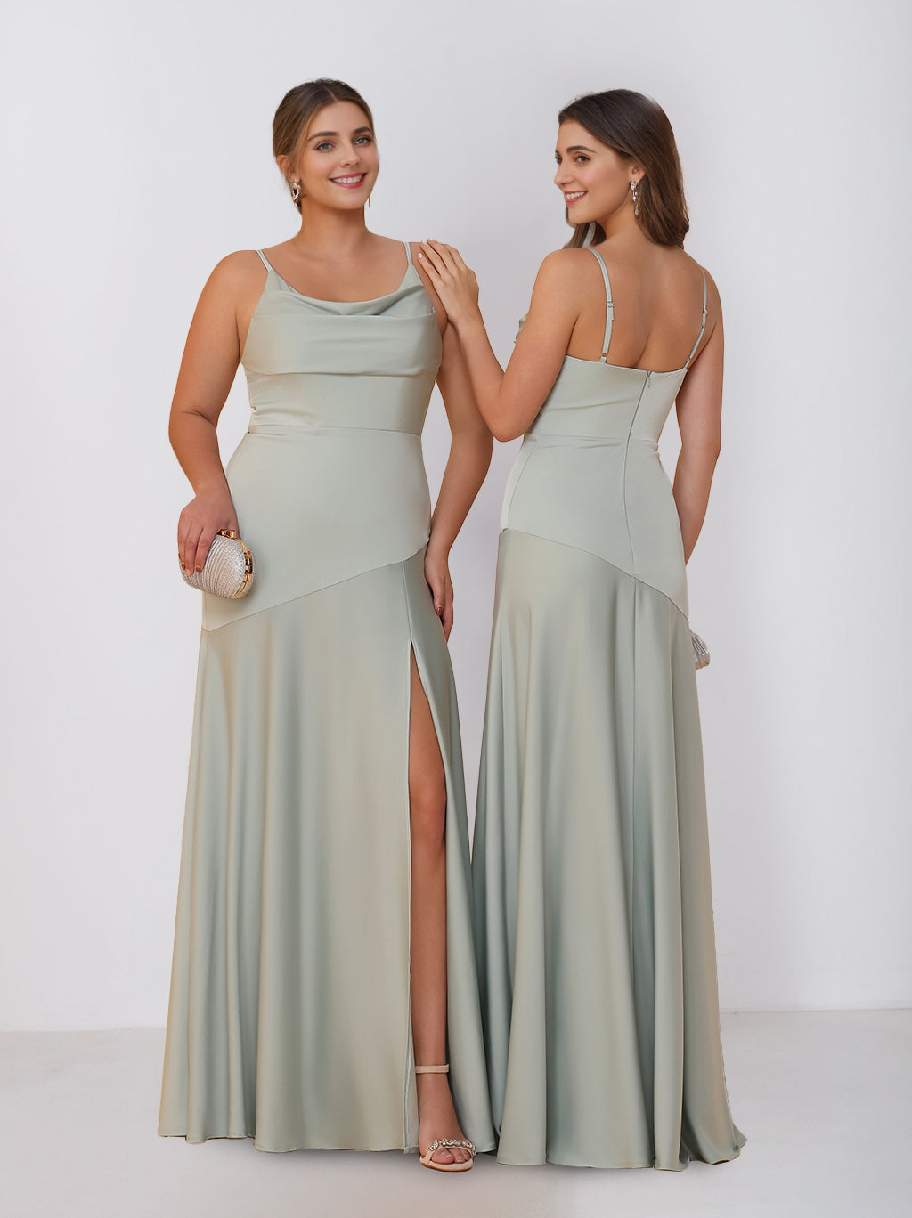 Sheath/Column Spaghetti Straps Cowl Neck Sleeveless Floor-Length Silk Satin Bridesmaid Dresses with Split Side