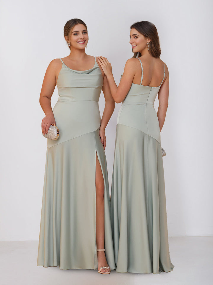 Sheath/Column Spaghetti Straps Cowl Neck Sleeveless Floor-Length Silk Satin Bridesmaid Dresses with Split Side