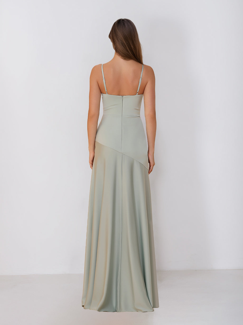 Sheath/Column Spaghetti Straps Cowl Neck Sleeveless Floor-Length Silk Satin Bridesmaid Dresses with Split Side