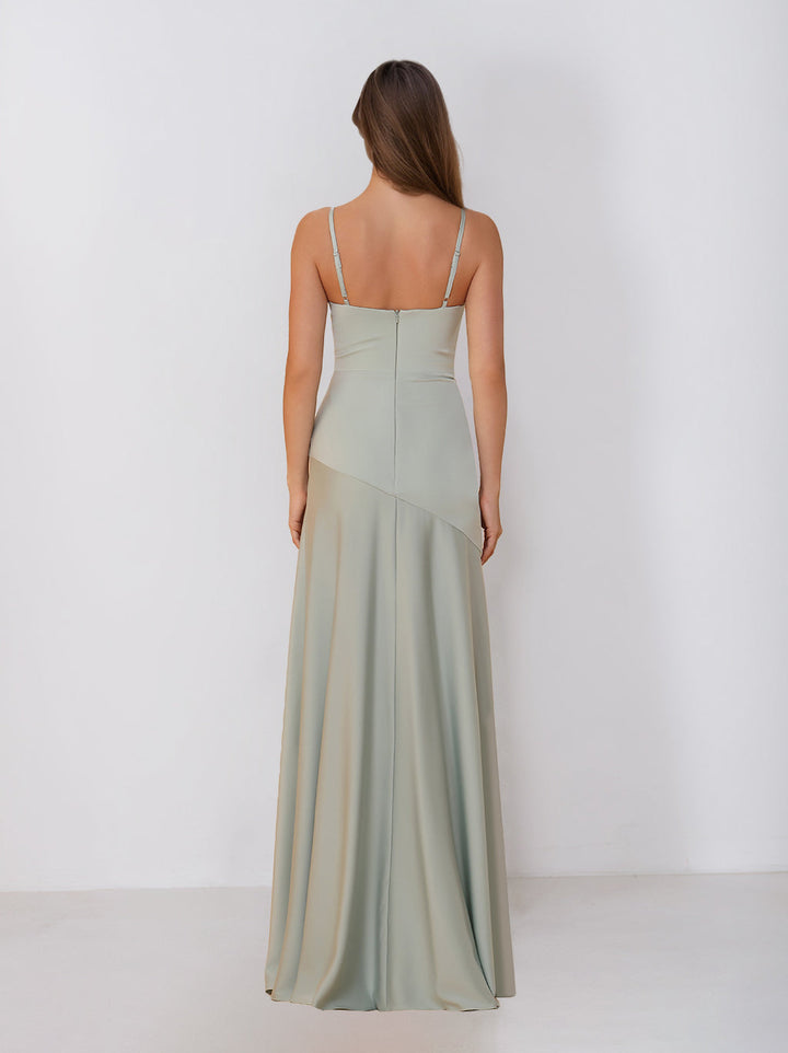Sheath/Column Spaghetti Straps Cowl Neck Sleeveless Floor-Length Silk Satin Bridesmaid Dresses with Split Side