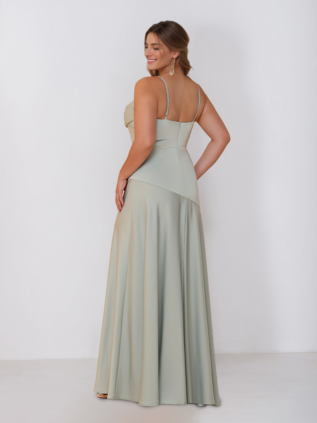 Sheath/Column Spaghetti Straps Cowl Neck Sleeveless Floor-Length Silk Satin Plus Size Bridesmaid Dresses with Split Side