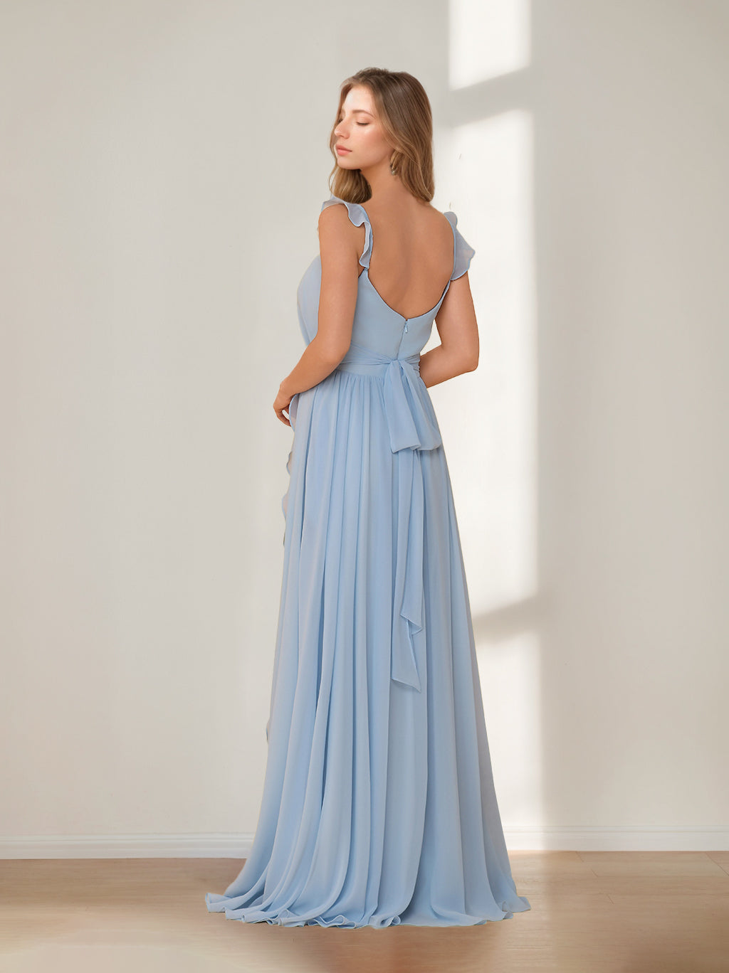 A-Line/Princess Square Neck Sleeveless Floor-Length Chiffon Bridesmaid Dresses with Split Side & Ruffles