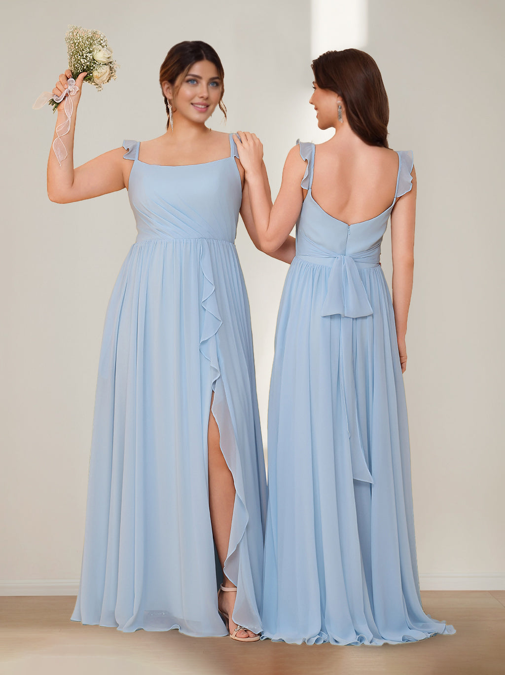 A-Line/Princess Square Neck Sleeveless Floor-Length Chiffon Bridesmaid Dresses with Split Side & Ruffles