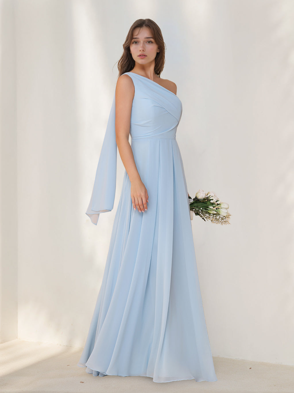 A-Line/Princess One-Shoulder Sleeveless Floor-Length Chiffon Bridesmaid Dresses with Watteau Train