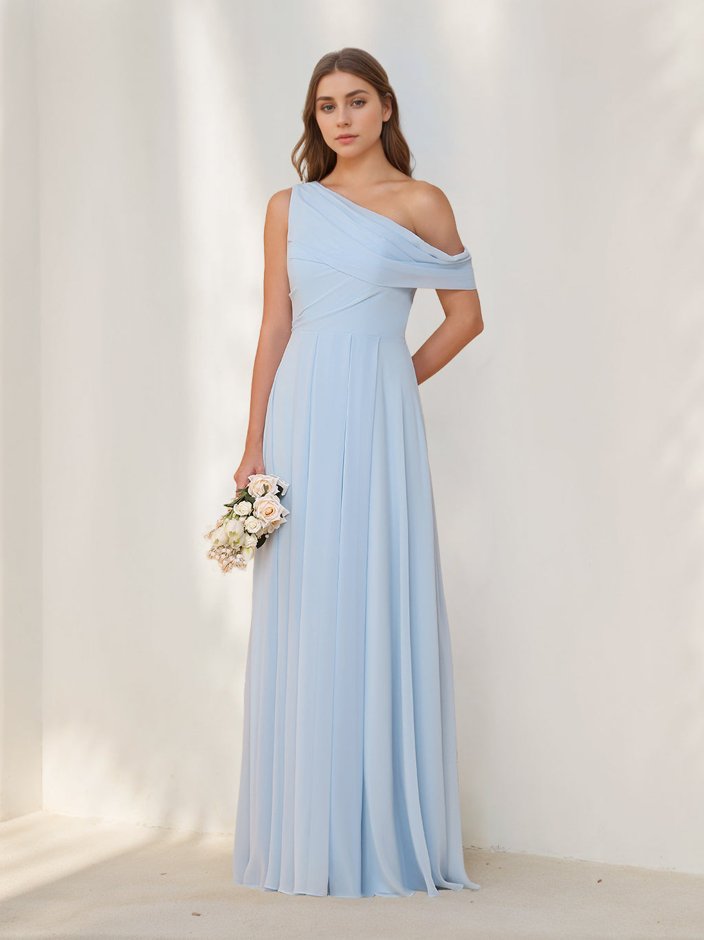 A-Line/Princess One-Shoulder Sleeveless Floor-Length Chiffon Bridesmaid Dresses with Watteau Train