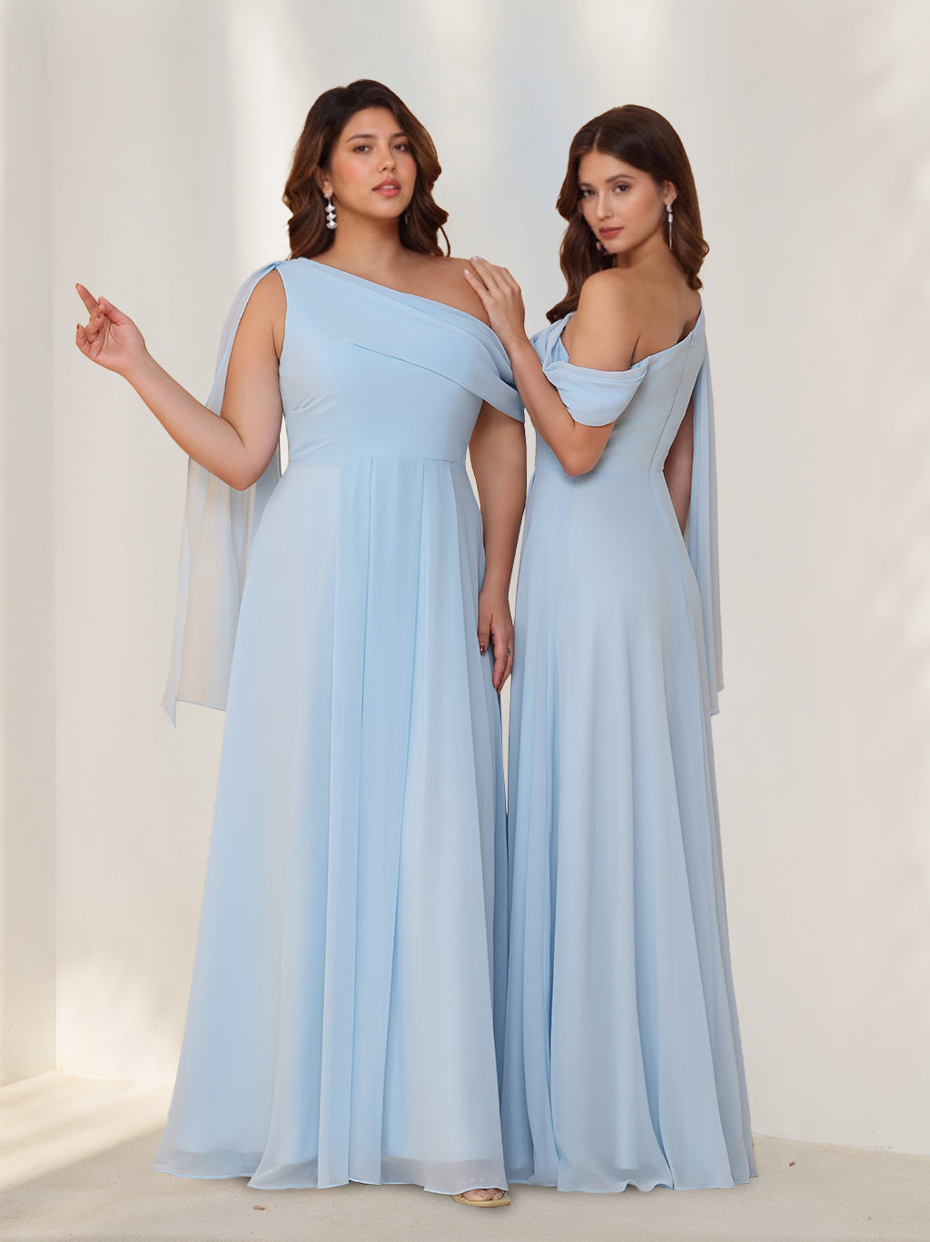 A-Line/Princess One-Shoulder Sleeveless Floor-Length Chiffon Plus Size Bridesmaid Dresses with Watteau Train