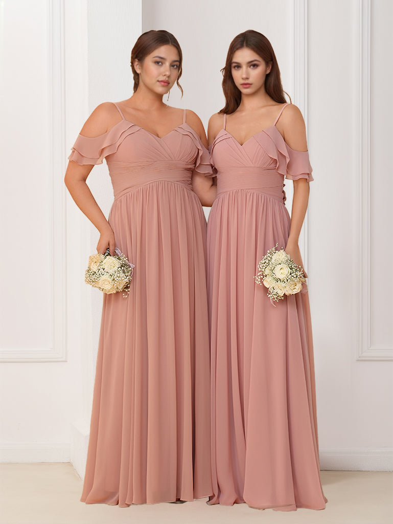 A-Line/Princess V-Neck Spaghetti Straps Sleeveless Floor-Length Chiffon Bridesmaid Dresses with Ruffles
