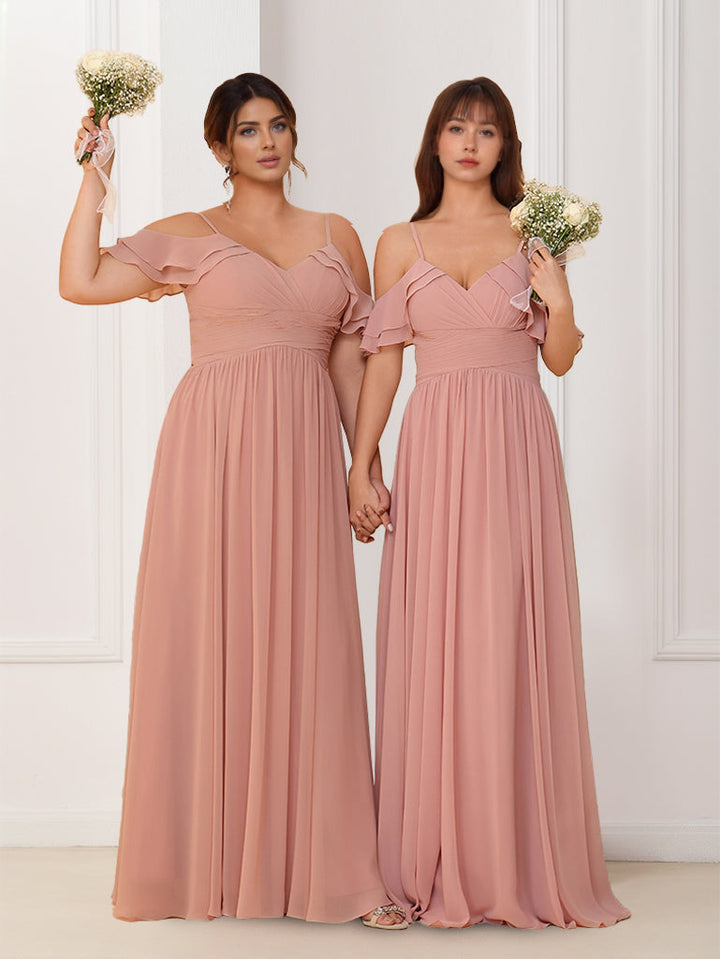 A-Line/Princess V-Neck Spaghetti Straps Sleeveless Floor-Length Chiffon Bridesmaid Dresses with Ruffles