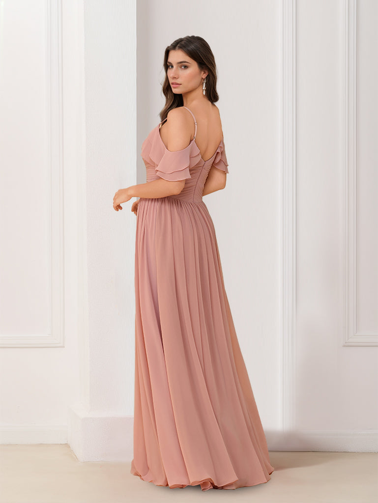 A-Line/Princess V-Neck Spaghetti Straps Sleeveless Floor-Length Chiffon Bridesmaid Dresses with Ruffles