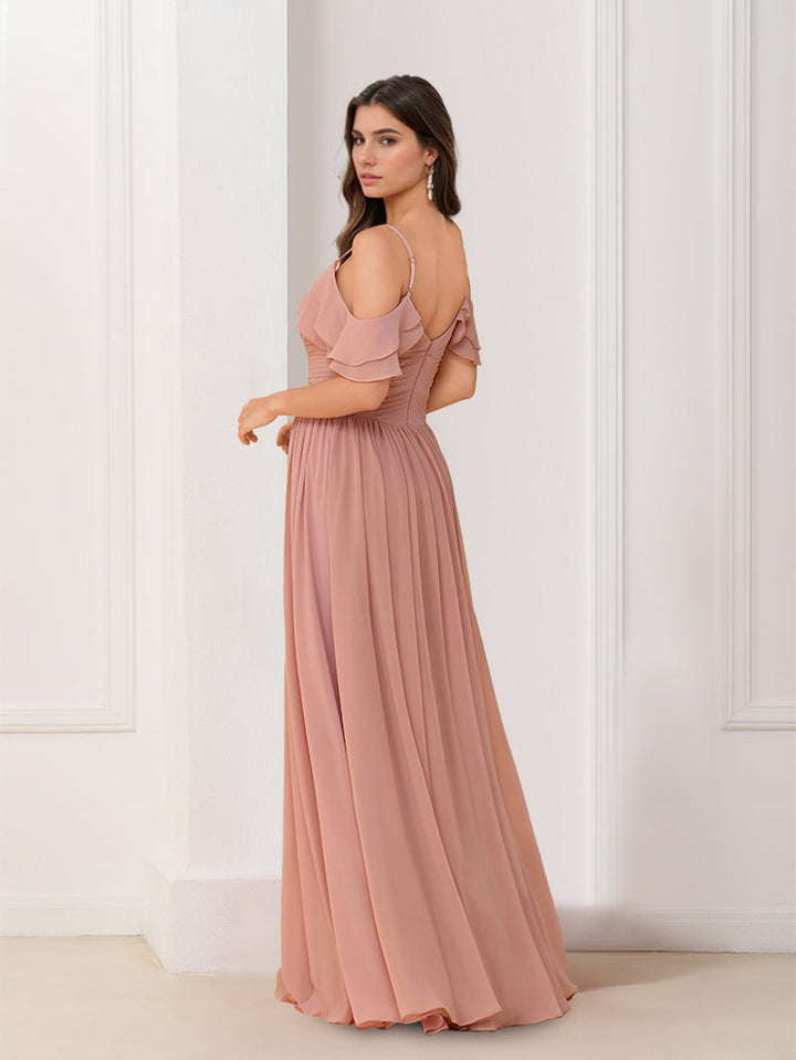 A-Line/Princess V-Neck Spaghetti Straps Sleeveless Floor-Length Chiffon Bridesmaid Dresses with Ruffles