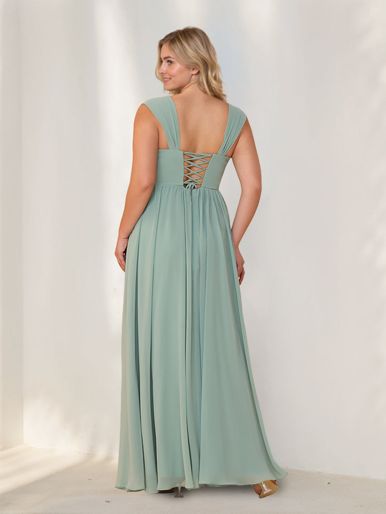 A-Line/Princess Square Neck Sleeveless Floor-Length Chiffon Plus Size Bridesmaid Dresses with Pleats
