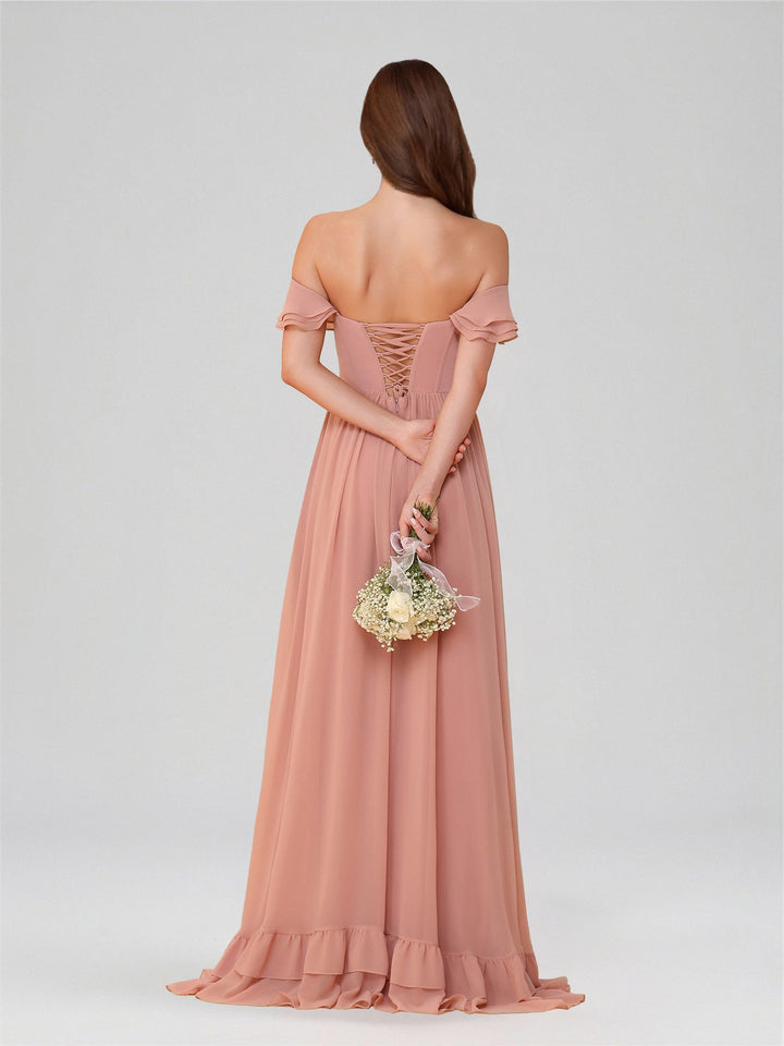 A-Line/Princess Off-the-Shoulder Short Sleeves Floor-Length Bridesmaid Dresses with Split Side & Ruched