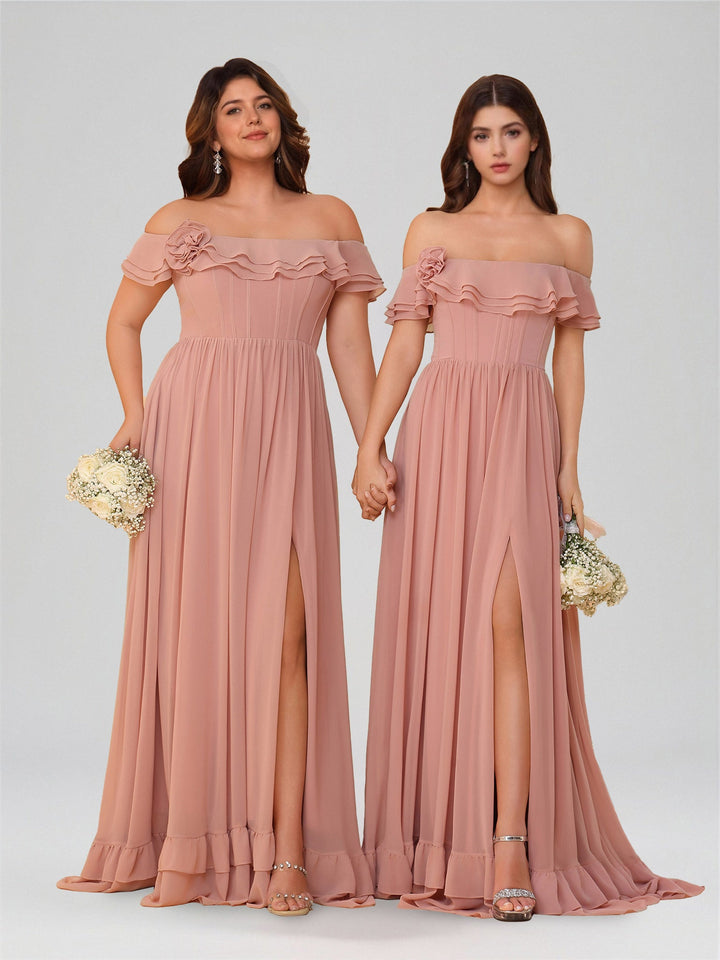 A-Line/Princess Off-the-Shoulder Short Sleeves Floor-Length Bridesmaid Dresses with Split Side & Ruched