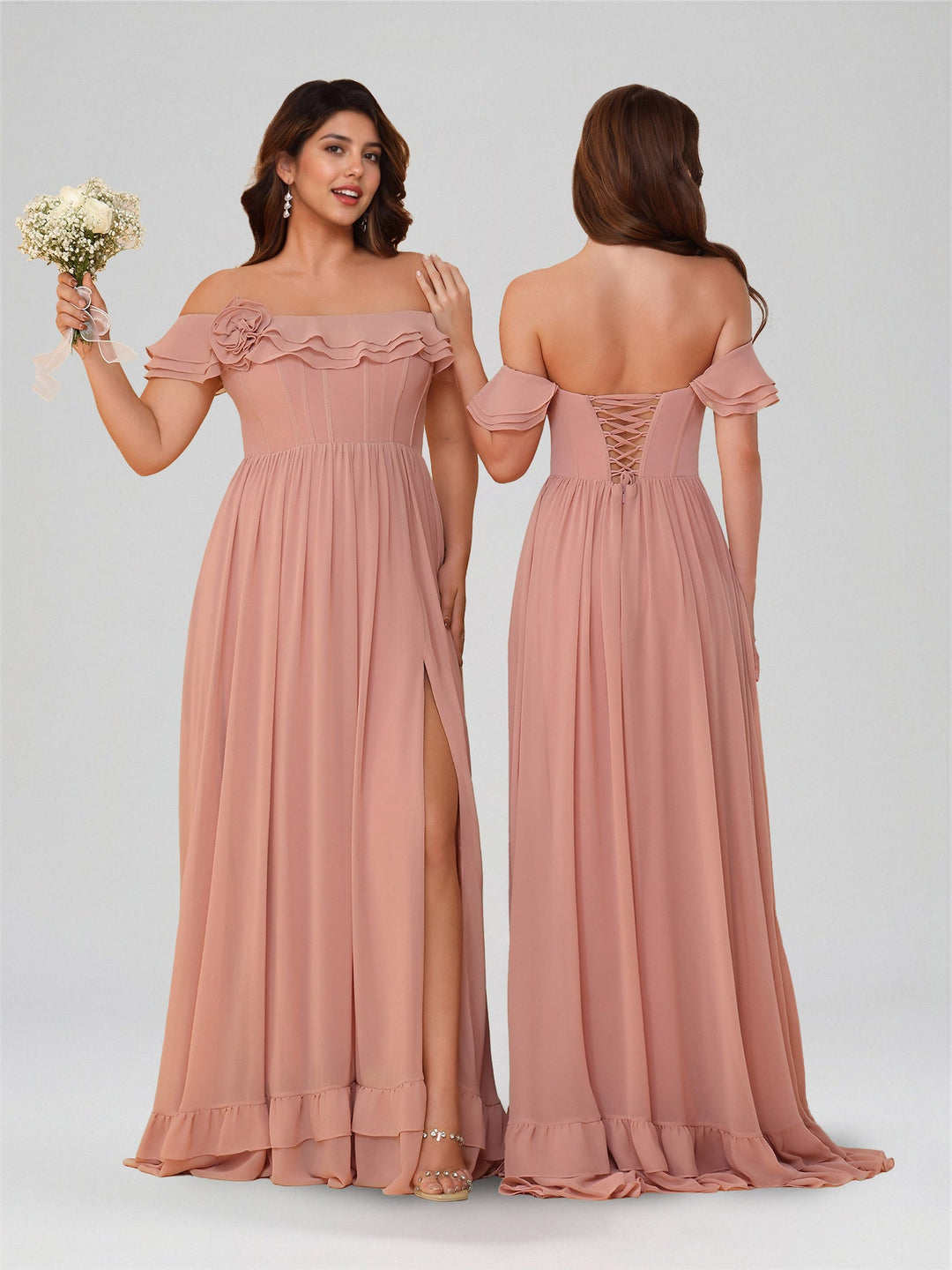 A-Line/Princess Off-the-Shoulder Short Sleeves Floor-Length Bridesmaid Dresses with Split Side & Ruched