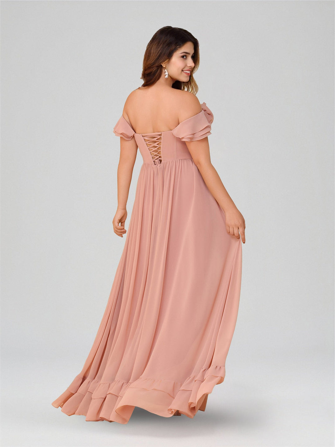 A-Line/Princess Off-the-Shoulder Short Sleeves Floor-Length Plus Size Bridesmaid Dresses with Split Side & Ruched