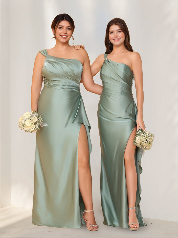 Sheath/Column One-Shoulder Sleeveless Floor-Length Silk Satin Bridesmaid Dresses with Split Side & Ruffles
