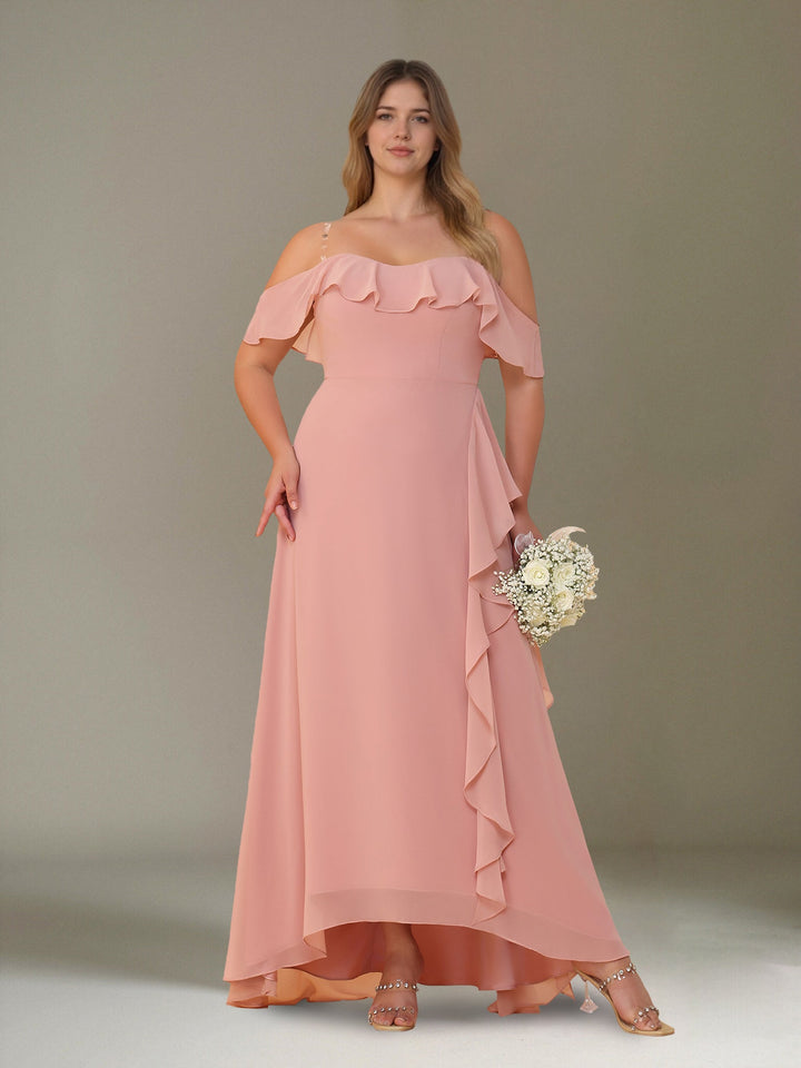 A-Line/Princess Off-the-Shoulder Asymmetrical Chiffon Plus Size Bridesmaid Dresses with Ruffles