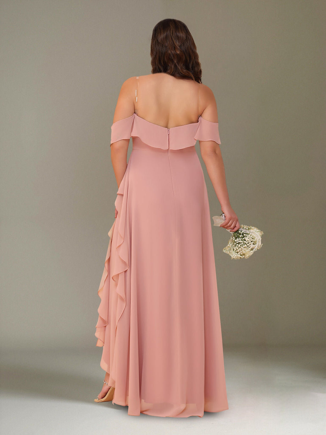A-Line/Princess Off-the-Shoulder Asymmetrical Chiffon Plus Size Bridesmaid Dresses with Ruffles