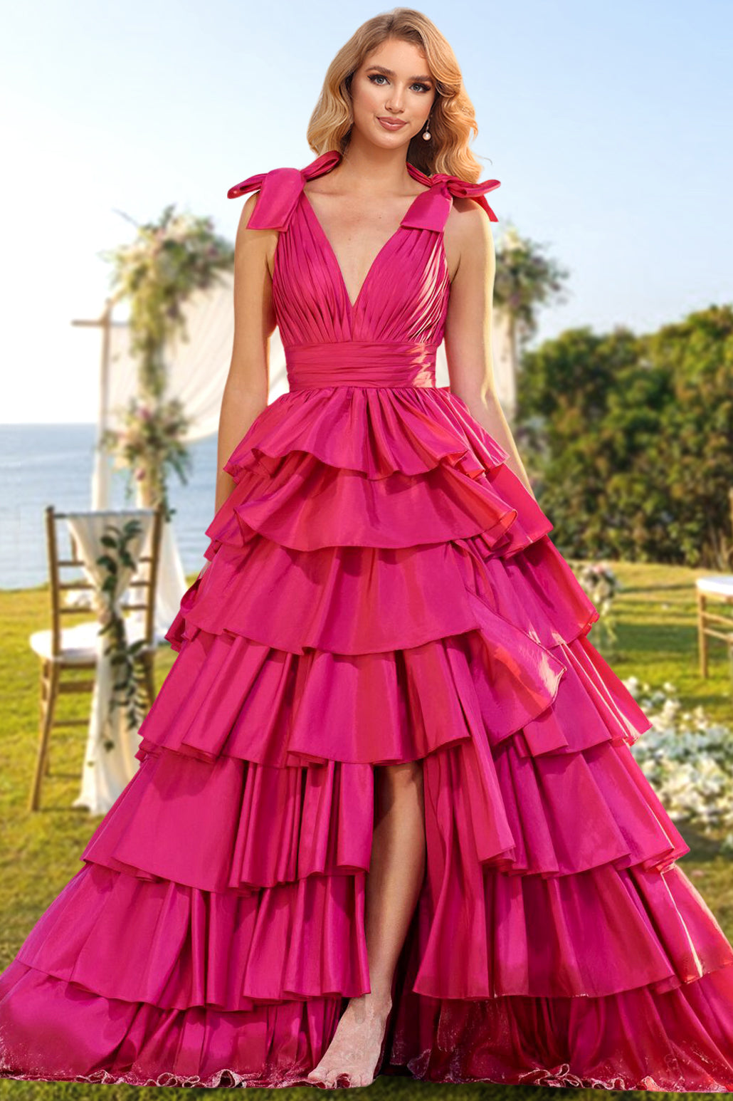 A-Line/Princess V-Neck Long Prom Evening Party Dresses with Split Side & Ruffles