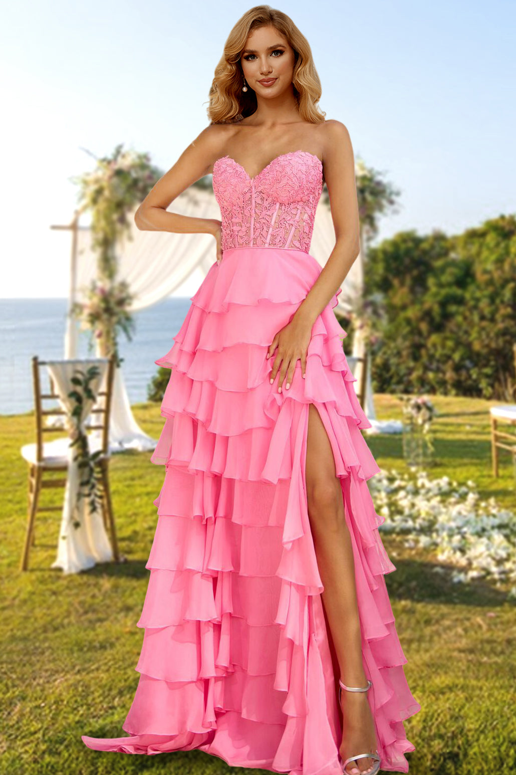 A-Line/Princess Strapless Long Prom Evening Party Dresses with Sequins & Split Side