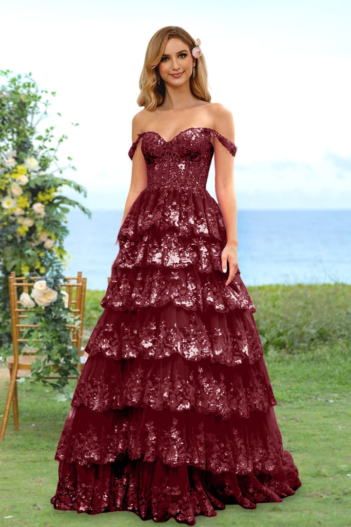 A-Line/Princess Sweetheart Off-the-Shoulder Long Prom Evening Party Floral Dresses with Sequins & Ruffles