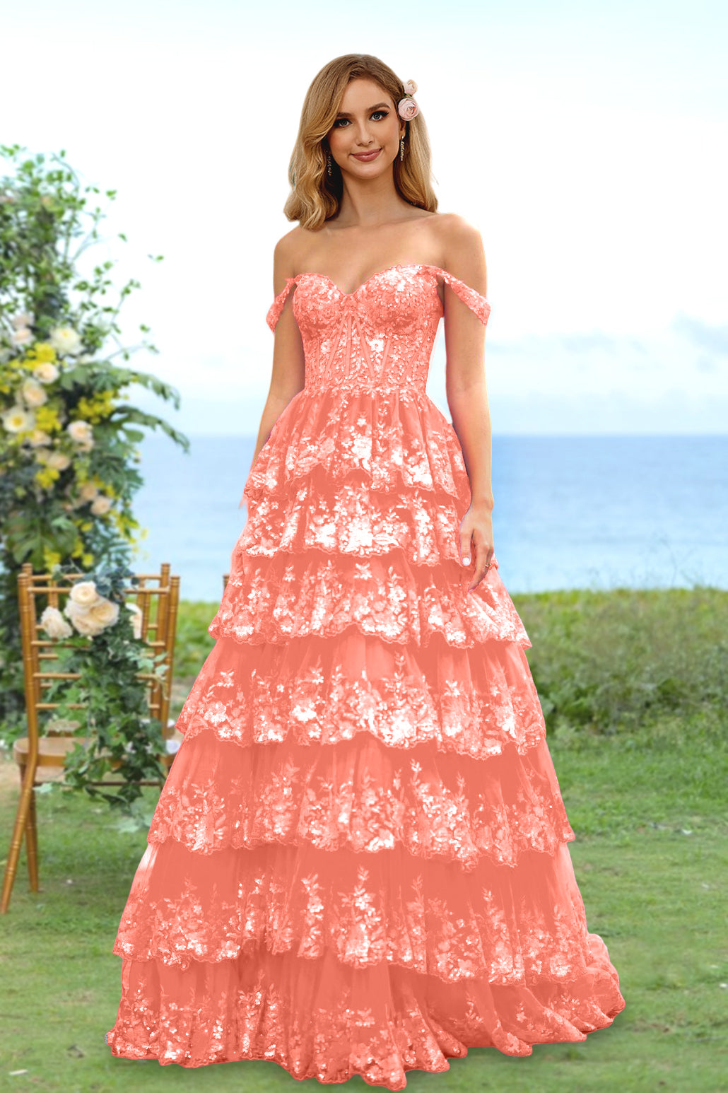 A-Line/Princess Sweetheart Off-the-Shoulder Long Prom Evening Party Floral Dresses with Sequins & Ruffles