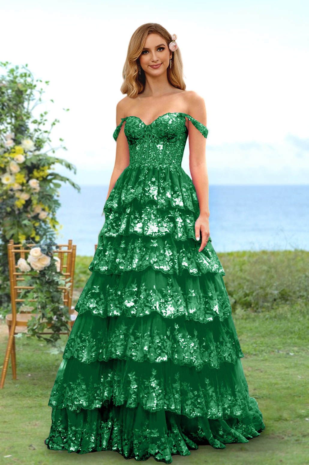 A-Line/Princess Sweetheart Off-the-Shoulder Long Prom Evening Party Floral Dresses with Sequins & Ruffles