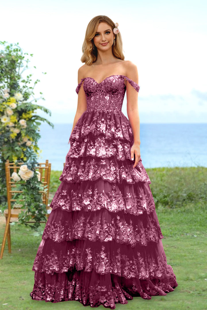 A-Line/Princess Sweetheart Off-the-Shoulder Long Prom Evening Party Floral Dresses with Sequins & Ruffles