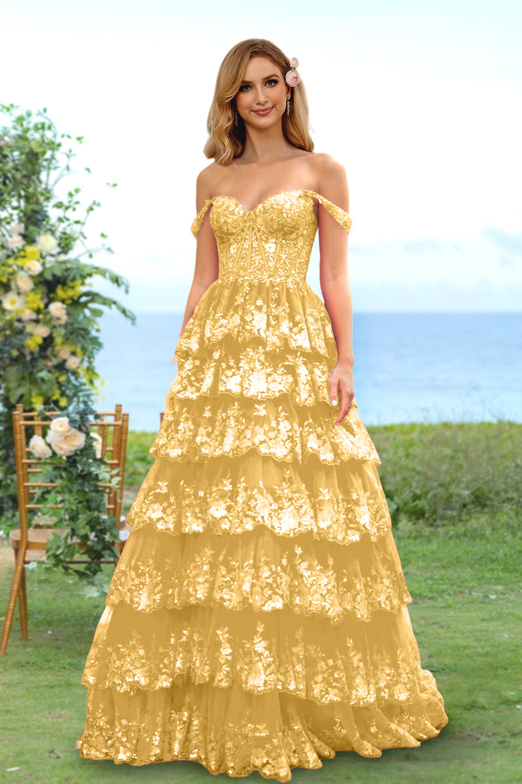 A-Line/Princess Sweetheart Off-the-Shoulder Long Prom Evening Party Floral Dresses with Sequins & Ruffles