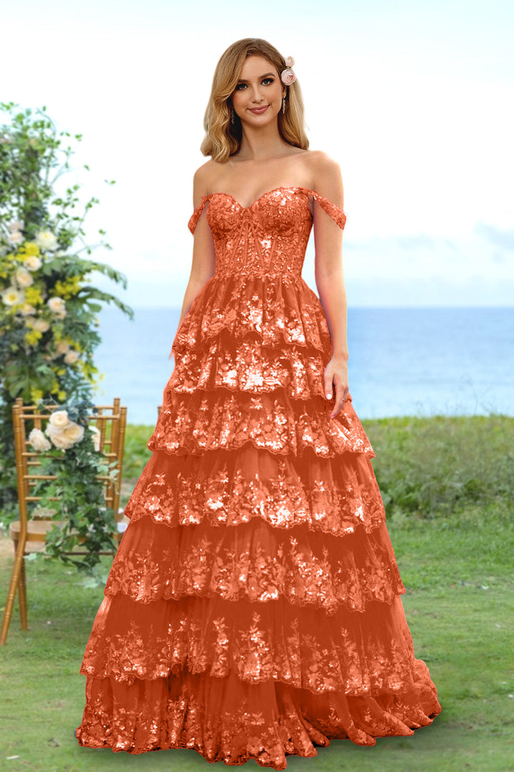 A-Line/Princess Sweetheart Off-the-Shoulder Long Prom Evening Party Floral Dresses with Sequins & Ruffles