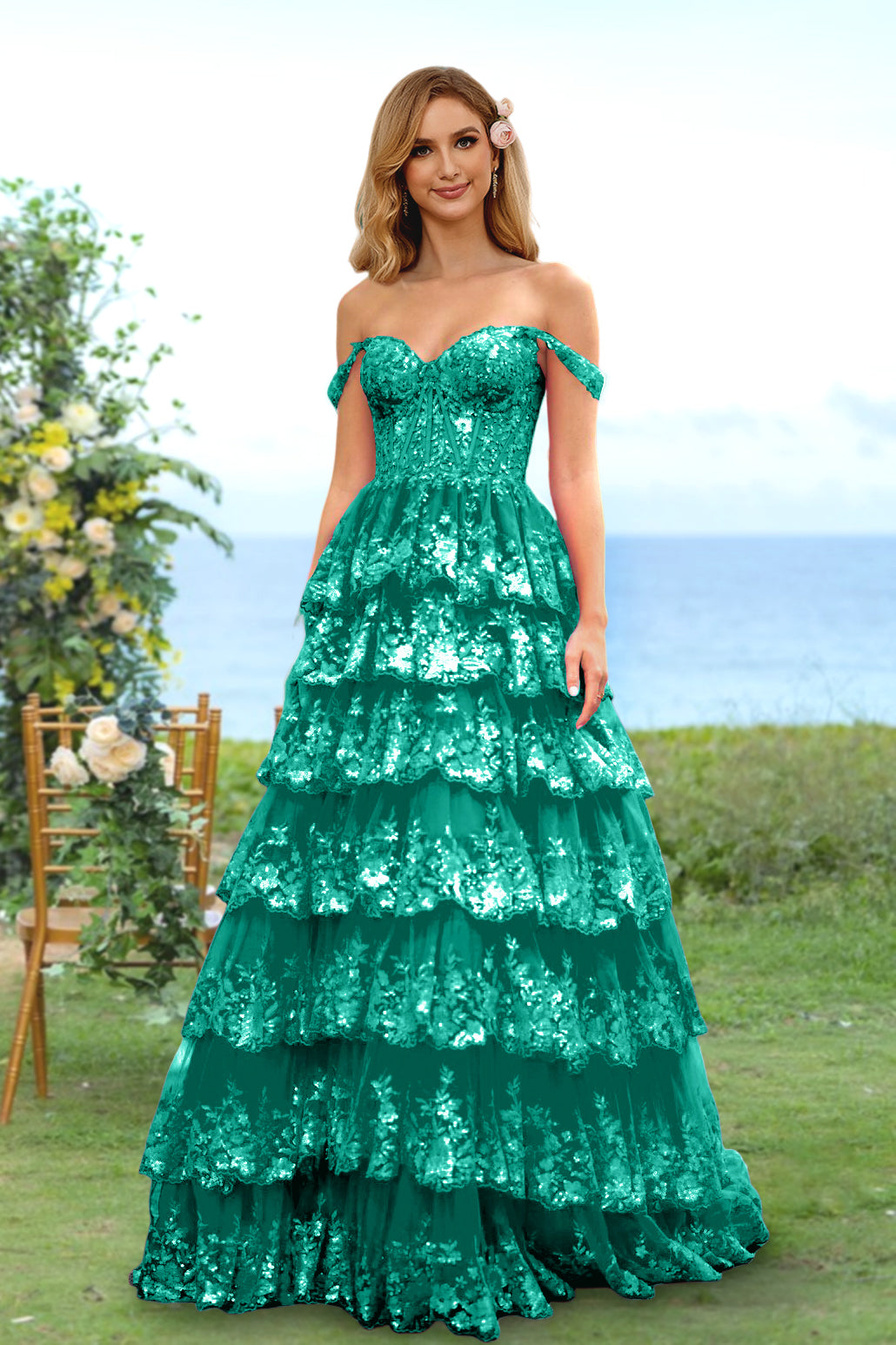 A-Line/Princess Sweetheart Off-the-Shoulder Long Prom Evening Party Floral Dresses with Sequins & Ruffles