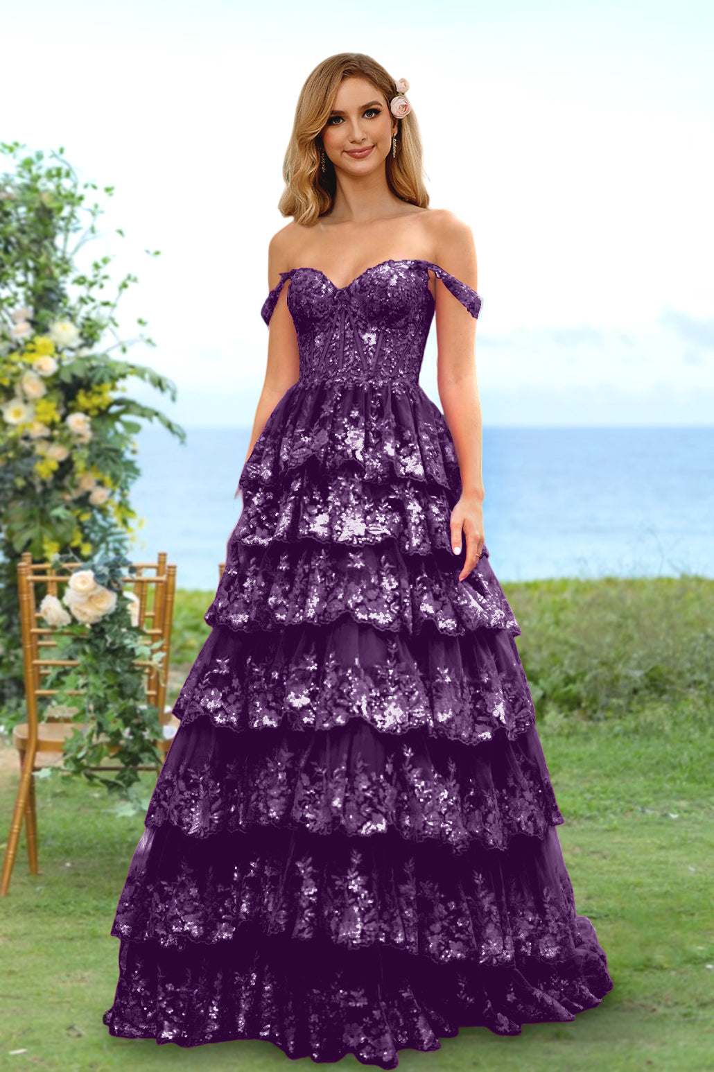 A-Line/Princess Sweetheart Off-the-Shoulder Long Prom Evening Party Floral Dresses with Sequins & Ruffles