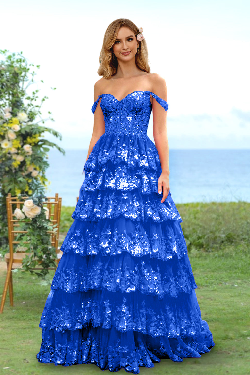 A-Line/Princess Sweetheart Off-the-Shoulder Long Prom Evening Party Floral Dresses with Sequins & Ruffles