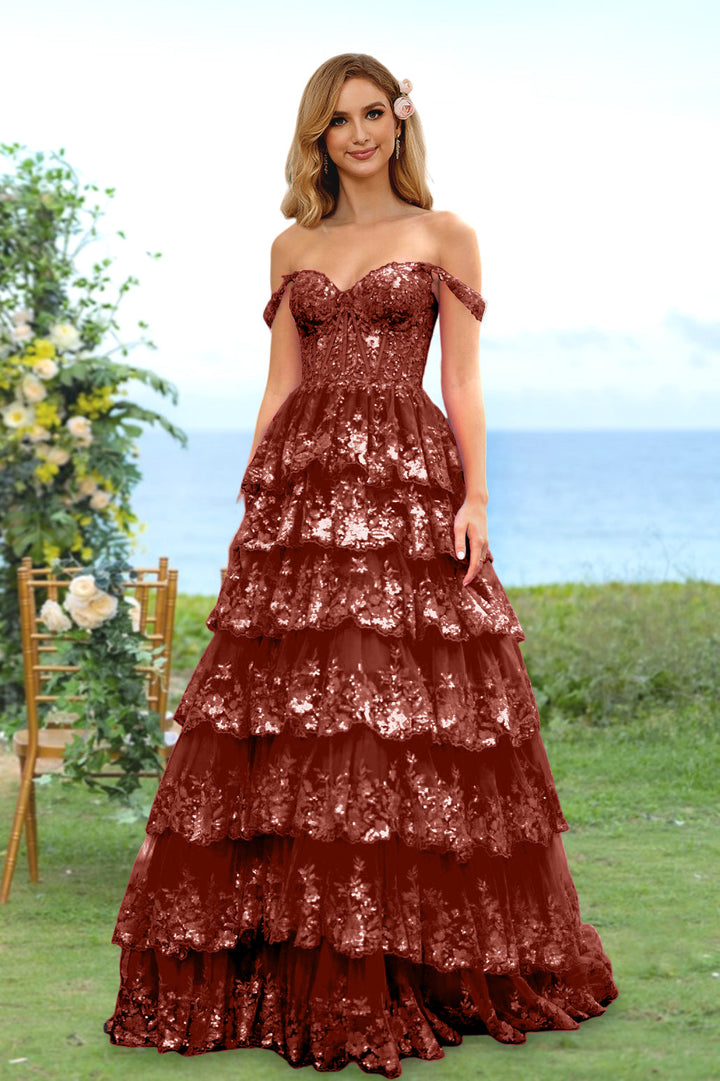 A-Line/Princess Sweetheart Off-the-Shoulder Long Prom Evening Party Floral Dresses with Sequins & Ruffles