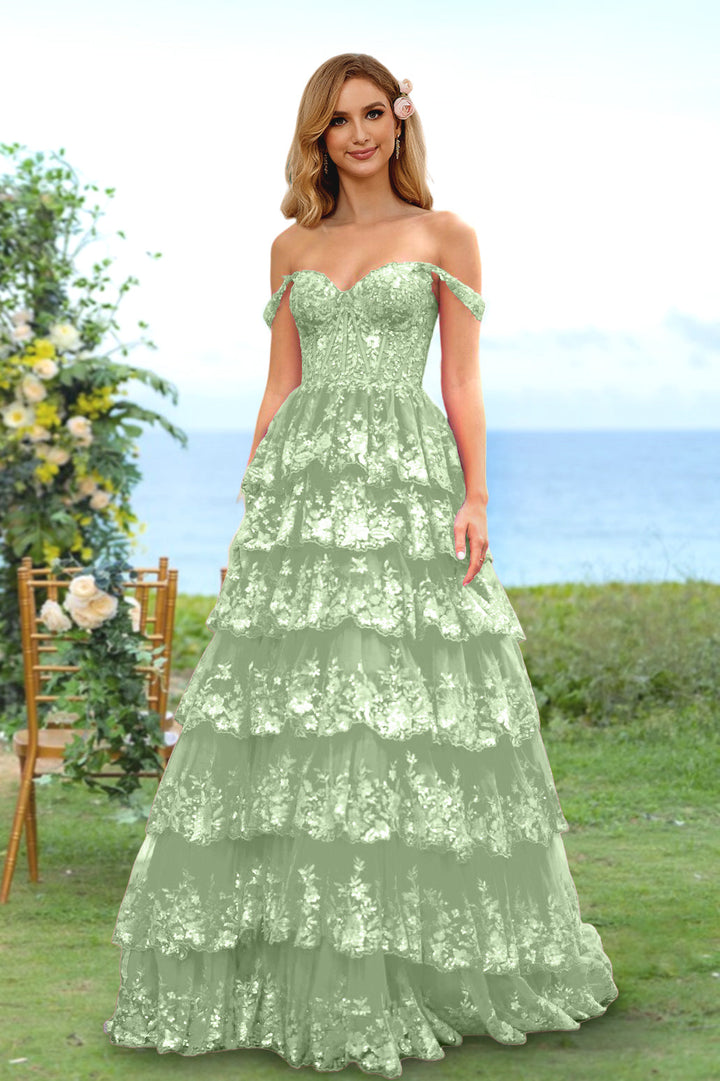 A-Line/Princess Sweetheart Off-the-Shoulder Long Prom Evening Party Floral Dresses with Sequins & Ruffles