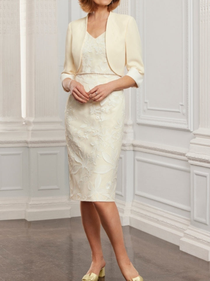 Sheath/Column V-Neck Knee-Length Mother of the Bride Dresses with Jacket Lace