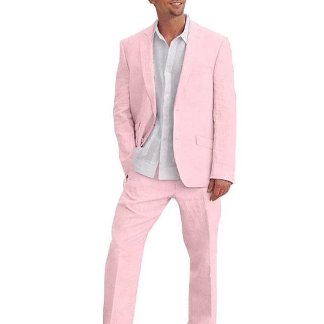Men's Tailored Fit Single Breasted Two-buttons 2 Pieces Solid Coloured Linen Suits