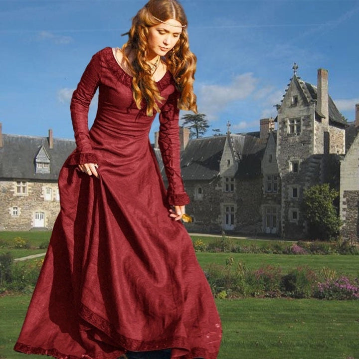 Retro Vintage Medieval A-Line/Princess Round Neck Long Sleeves Floor-Length Viking Halloween Performance Evening & Prom Dress