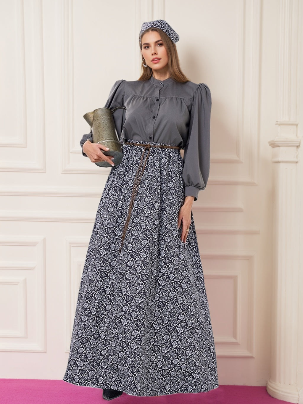A-Line/Princess Jewel Neck Long Sleeves Floor-Length Retro Vintage Victorian Medieval Irish Peasant Dress