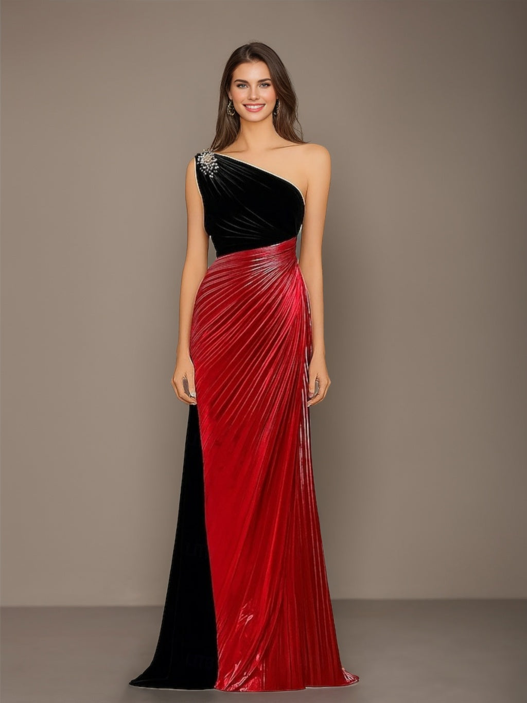 A-Line/Princess One-Shoulder Sleeveless Floor-Length Evening Dresses with Rhinestone & Pleats