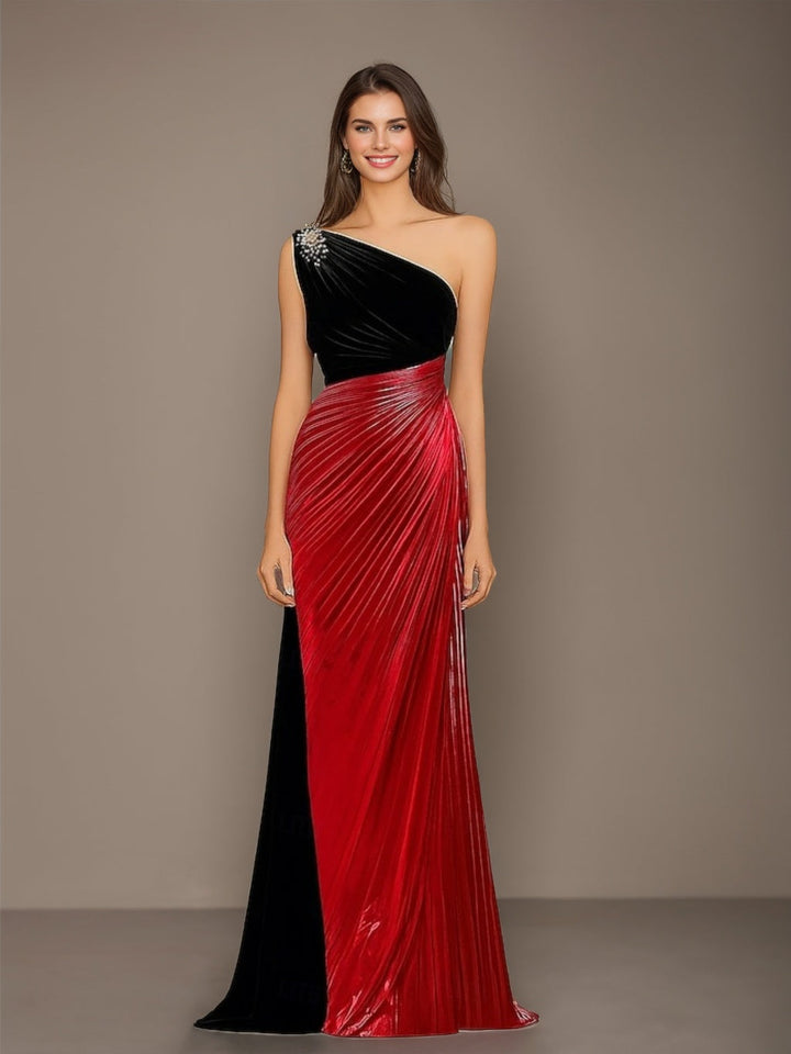 A-Line/Princess One-Shoulder Sleeveless Floor-Length Evening Dresses with Rhinestone & Pleats