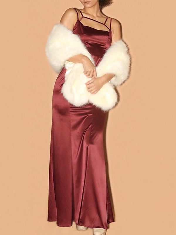 Wihte Faux Fur Wraps Shawls Women‘s Wrap Elegant Sleeveless Wedding Guest Wraps With Pure colour