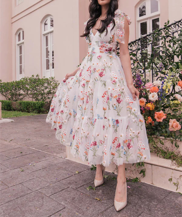 A-Line/Princess V-Neck Short Sleeves Floral Formal Party Dresses With Flowers