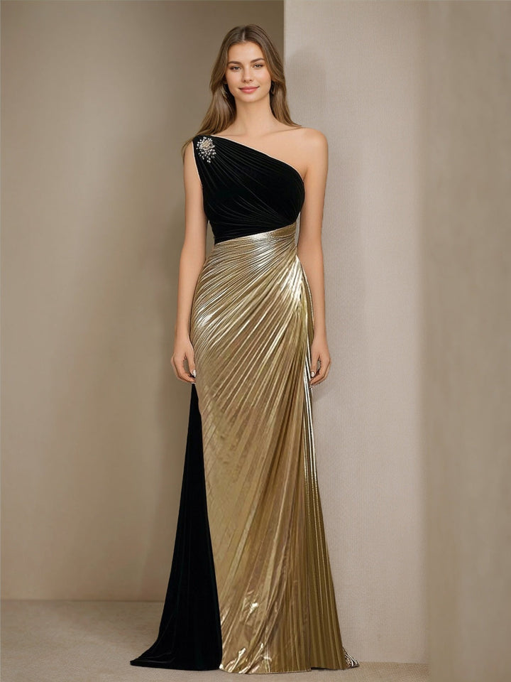 A-Line/Princess One-Shoulder Sleeveless Floor-Length Evening Dresses with Rhinestone & Pleats