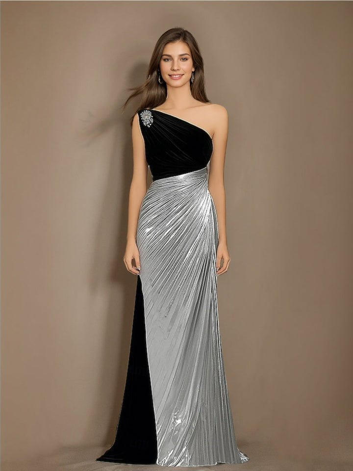 A-Line/Princess One-Shoulder Sleeveless Floor-Length Evening Dresses with Rhinestone & Pleats
