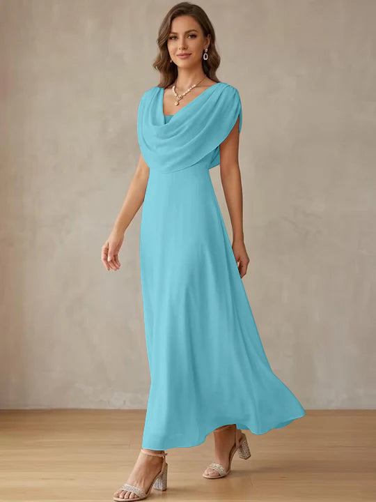 A-Line/Princess Cowl Neck Chiffon Cocktail Dresses Little White Dresses Ankle-Length Sleeveless Graduation Dress