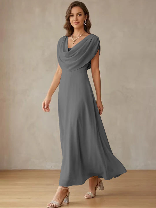 A-Line/Princess Cowl Neck Chiffon Cocktail Dresses Little White Dresses Ankle-Length Sleeveless Graduation Dress